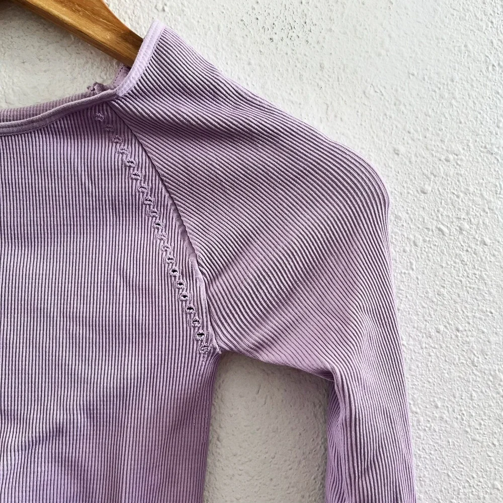 FREE PEOPLE Movement Cut It Out Long‎ Sleeve Ribbed Lavender Top Size XS/S